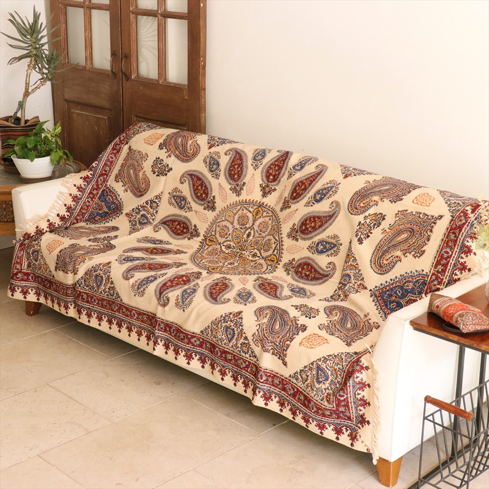 ペルシャ更紗 イラン手染め布 197×130cm アンバー系 ペイズリー柄 テーブルクロス ソファカバー