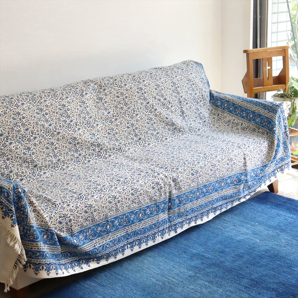 ペルシャ更紗・イラン手染め布/236x153cm ソファーカバー・テーブルクロス　ブルー系フラワー柄