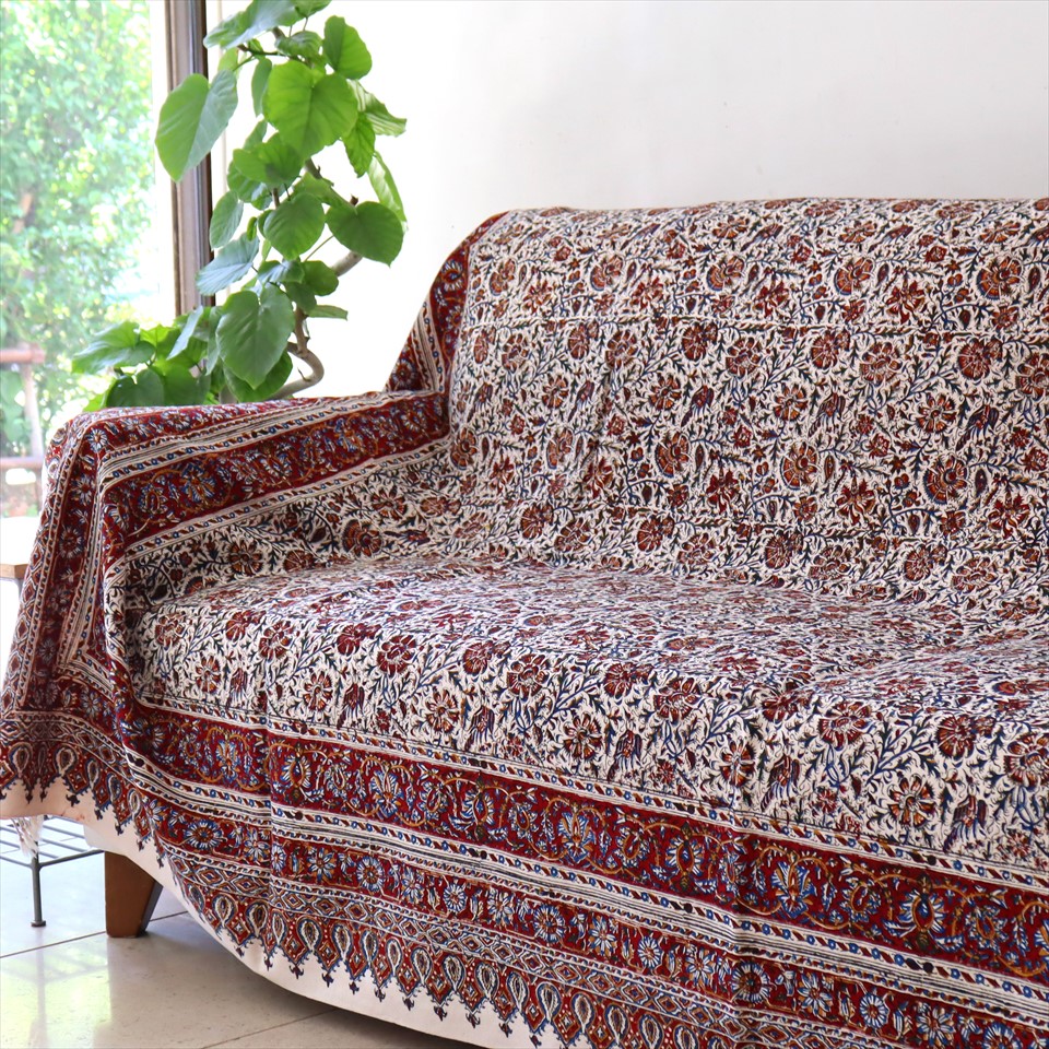 ペルシャ更紗 イラン手染め布 ガラムカール 237×148cm アンバー系ペイズリー柄 コットンマルチカバー ソファーカバー ベッドカバー