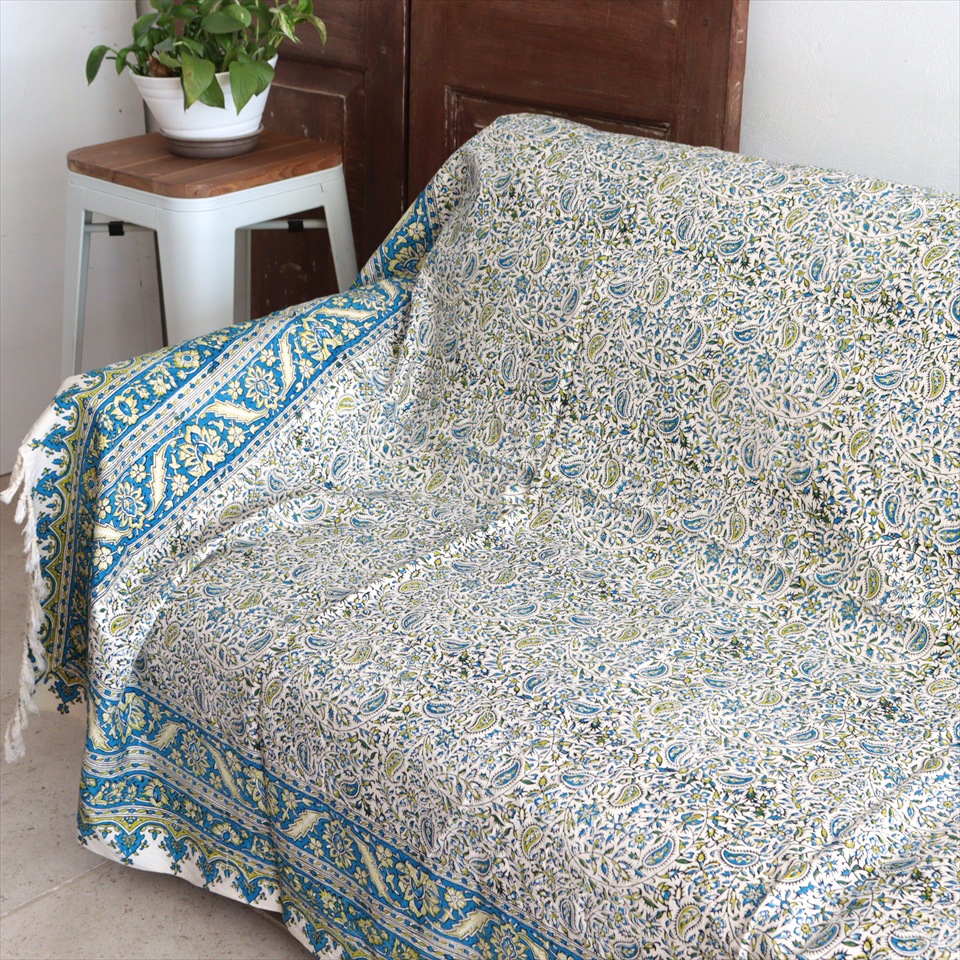 ペルシャ更紗 ガラムカール 235×155cm ブルー/グリーン フラワー柄 テーブルクロス ソファカバー