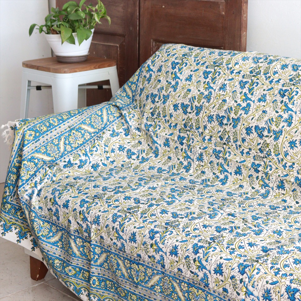 ペルシャ更紗 ガラムカール 240×156cm ブルー/グリーン フラワー柄 テーブルクロス ソファカバー