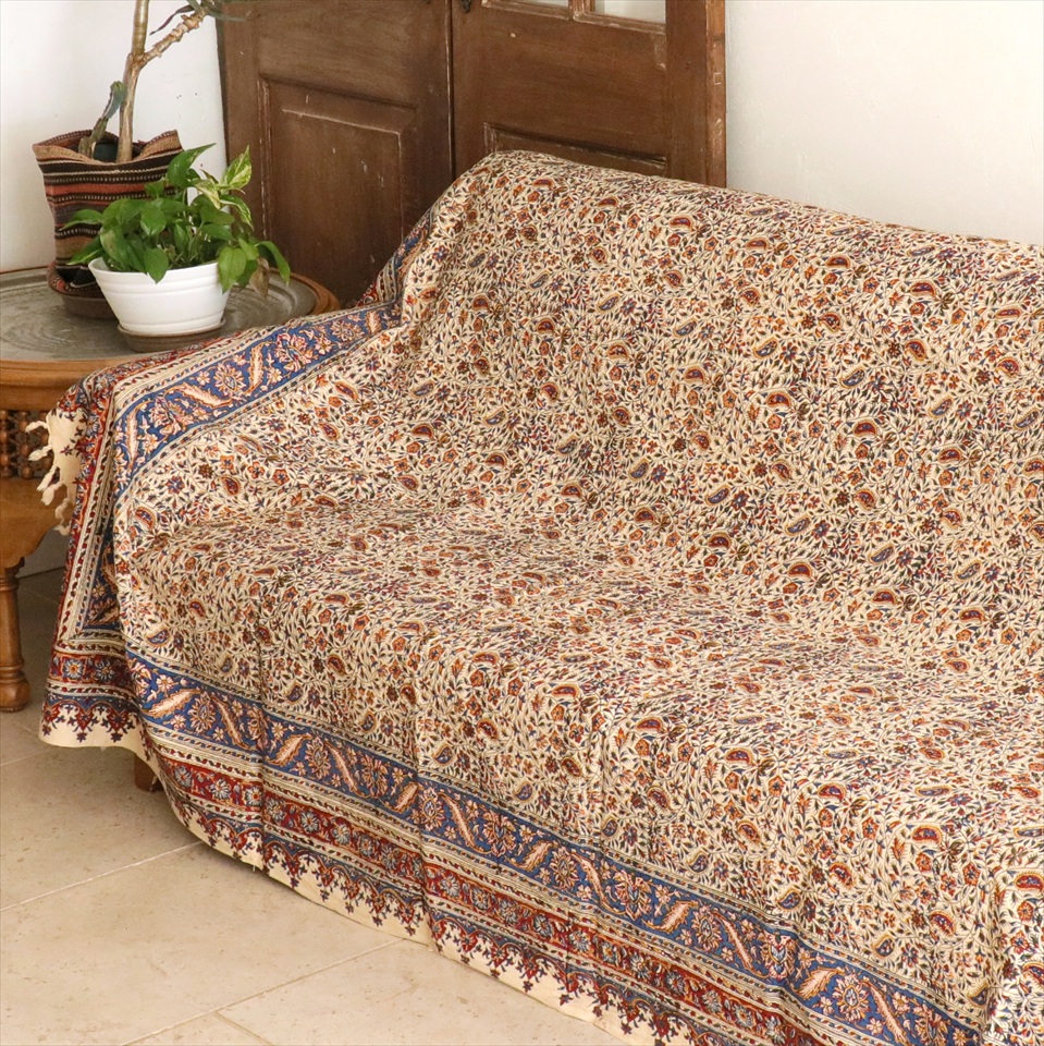 ペルシャ更紗 イラン手染め布 228×148cm アンバー系 フラワー柄 テーブルクロス ソファカバー