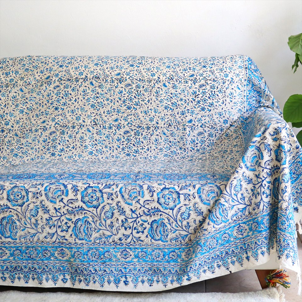ガラムカール ペルシャ更紗（イラン 手染布）280cmサイズ長方形ブルー系フラワー柄