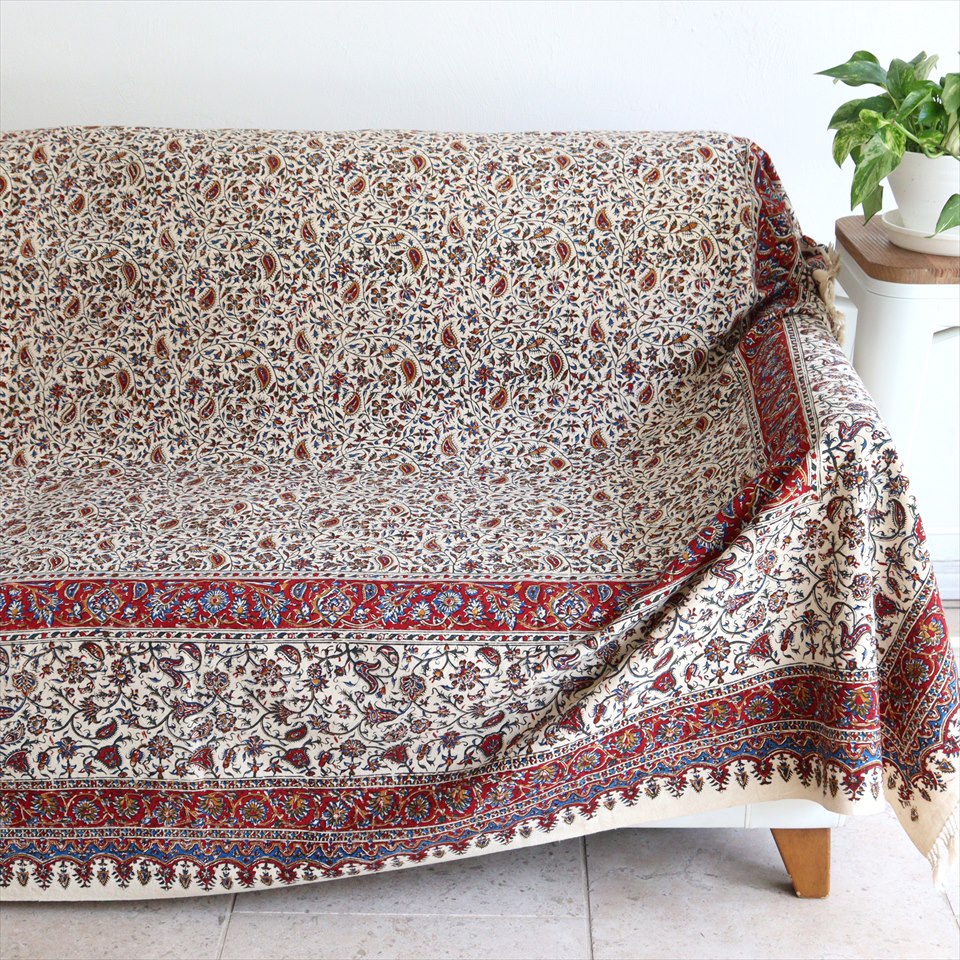 ペルシャ更紗 ガラムカール  270×205cm イラン手染め布 アンバー系 フラワー柄 ソファーカバー コットン マルチカバー