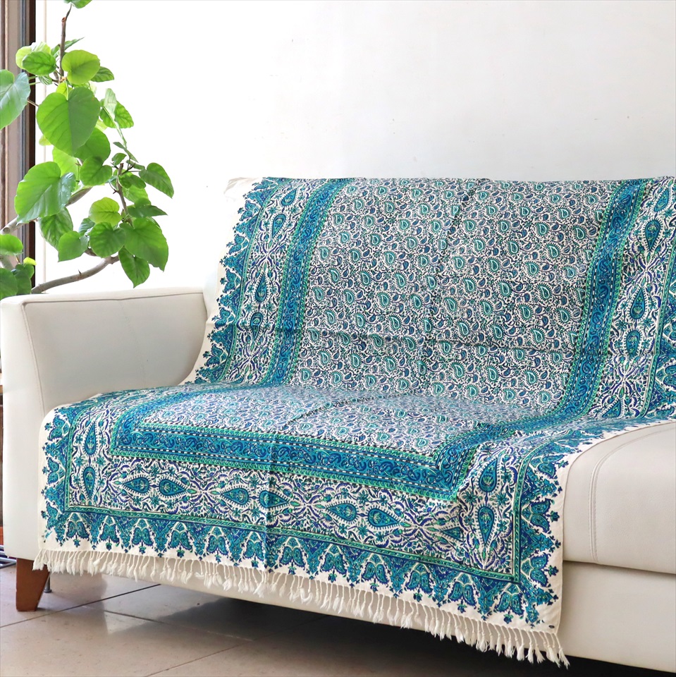 ペルシャ更紗 イラン手染め布 150x100cmサイズ 細かなデザインのブロックプリント アンティークデザイン ソファカバー タペストリー ブルー グリーン フラワー