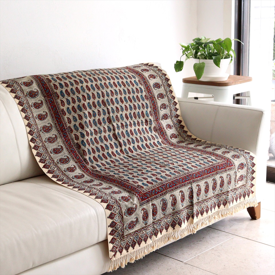ペルシャ更紗 イラン手染め布 142×100cm アンティークデザイン ペイズリー ソファーカバー マルチクロス