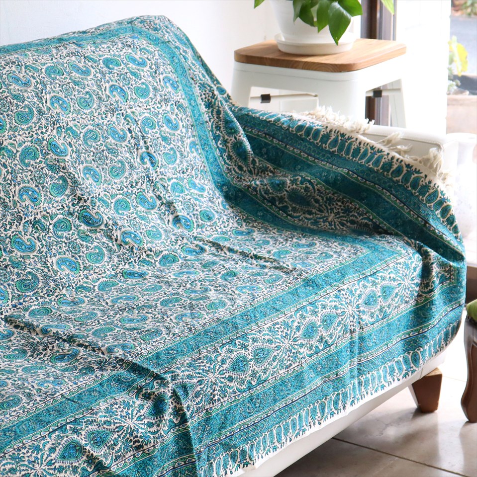 【15%OFF】ペルシャ更紗 イラン手染め布 197x132cm アンティークデザイン ブルーグリーン テーブルクロス ソファカバー
