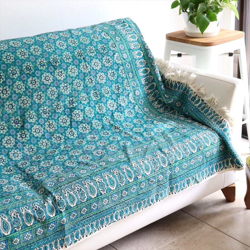 【15%OFF】ペルシャ更紗 イラン手染め布 196x132cm アンティークデザイン ブルーグリーン テーブルクロス ソファカバー