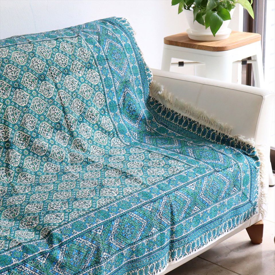 【15%OFF】ペルシャ更紗 イラン手染め布 197x133cm アンティークデザイン ブルーグリーン トレリス テーブルクロス ソファカバー