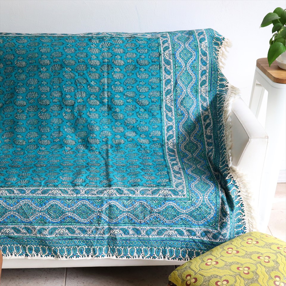 【15%OFF】ペルシャ更紗 イラン手染め布 198x133cm アンティークデザイン ブルーグリーン テーブルクロス ソファカバー