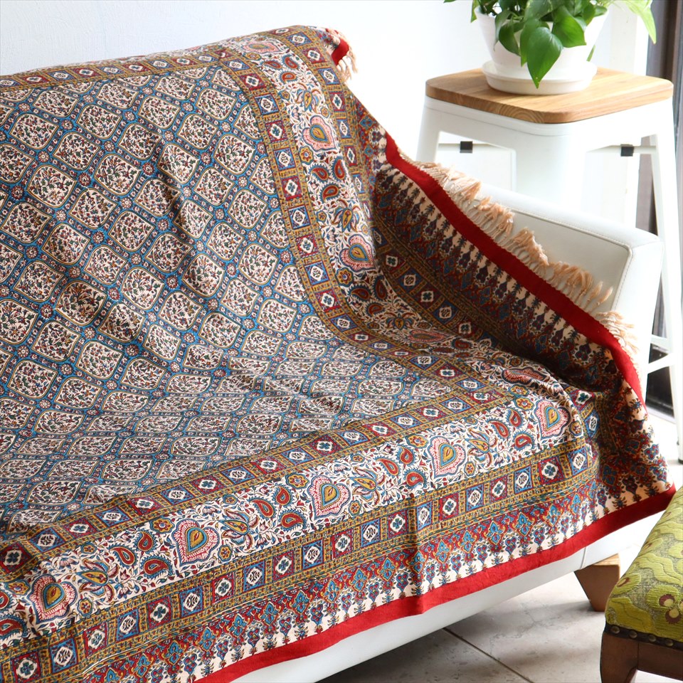 【15%OFF】ペルシャ更紗 イラン手染め布 193x131cm アンティークデザイン トレリス テーブルクロス ソファカバー