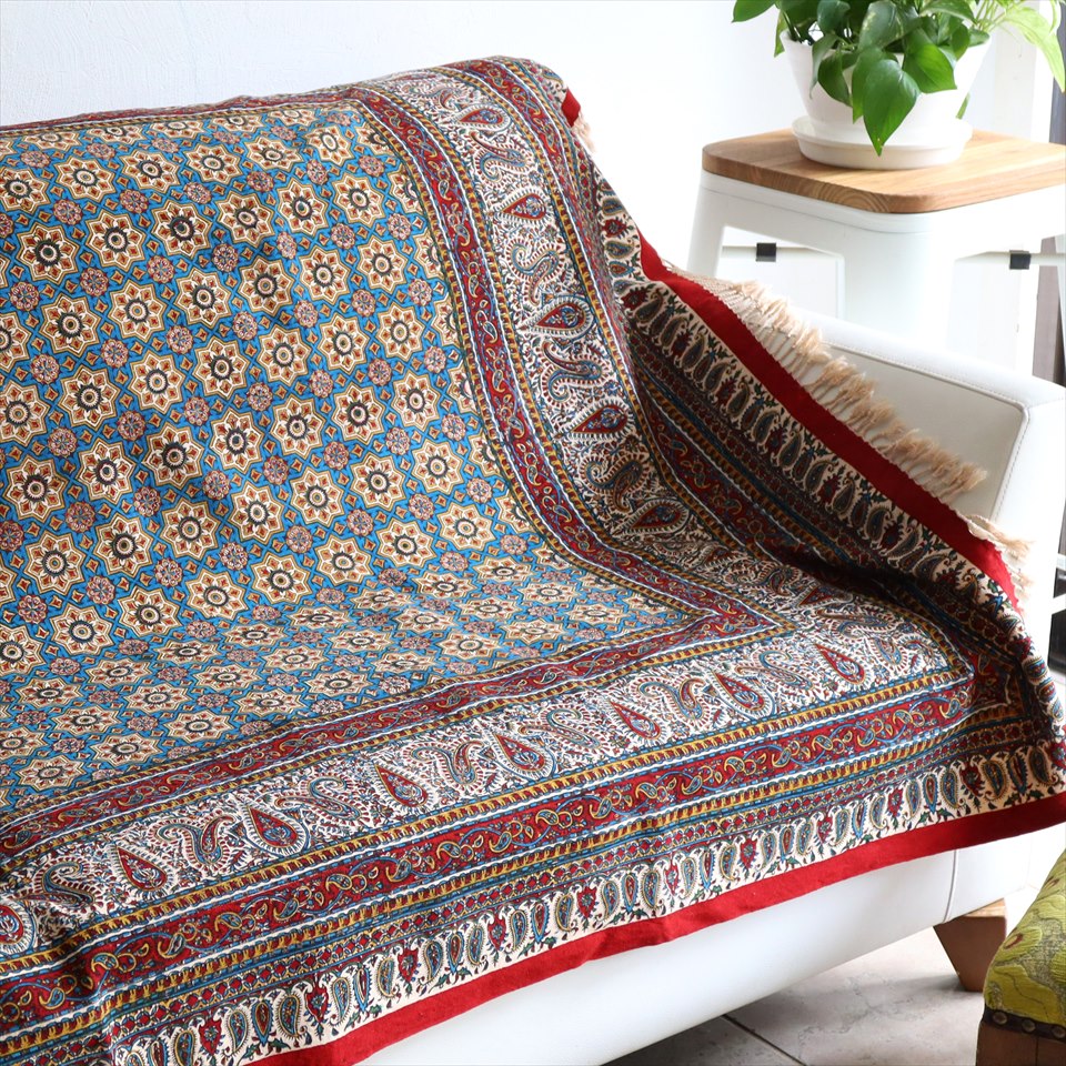 【15%OFF】ペルシャ更紗 イラン手染め布 195x131cm アンティークデザイン  テーブルクロス ソファカバー