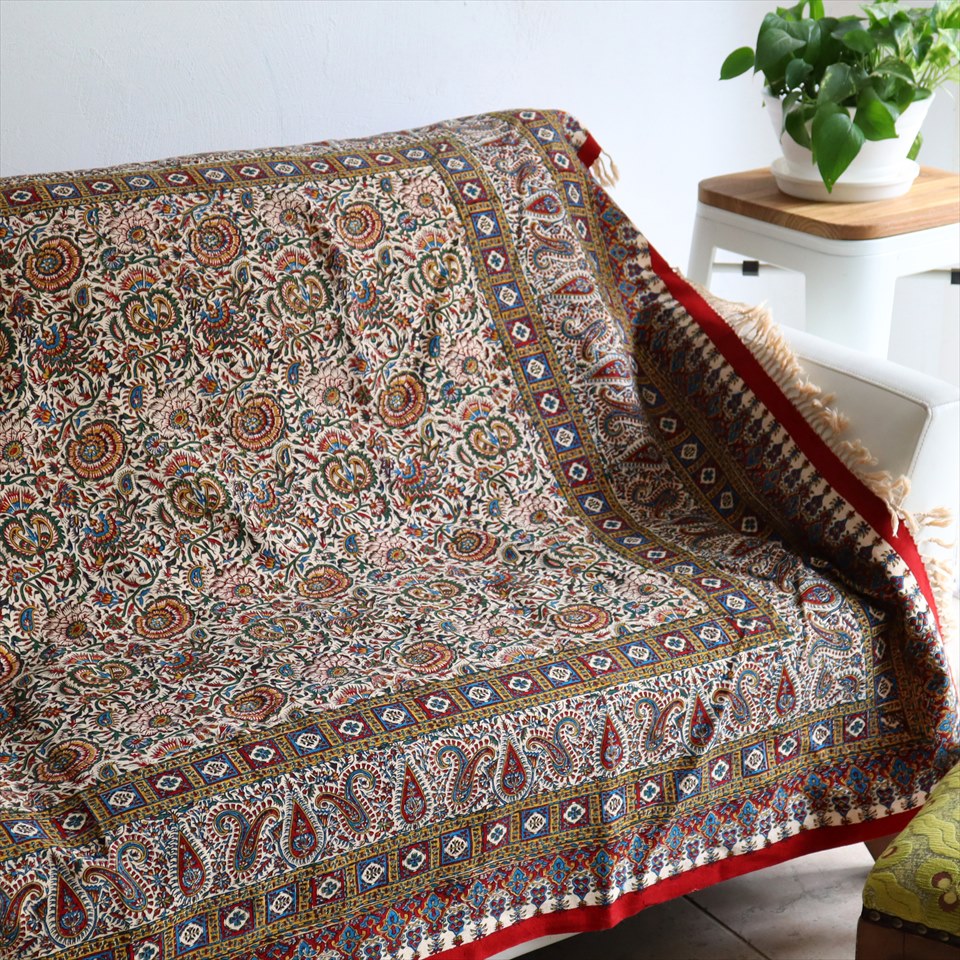 【15%OFF】ペルシャ更紗 イラン手染め布 192x131cm アンティークデザイン  テーブルクロス ソファカバー