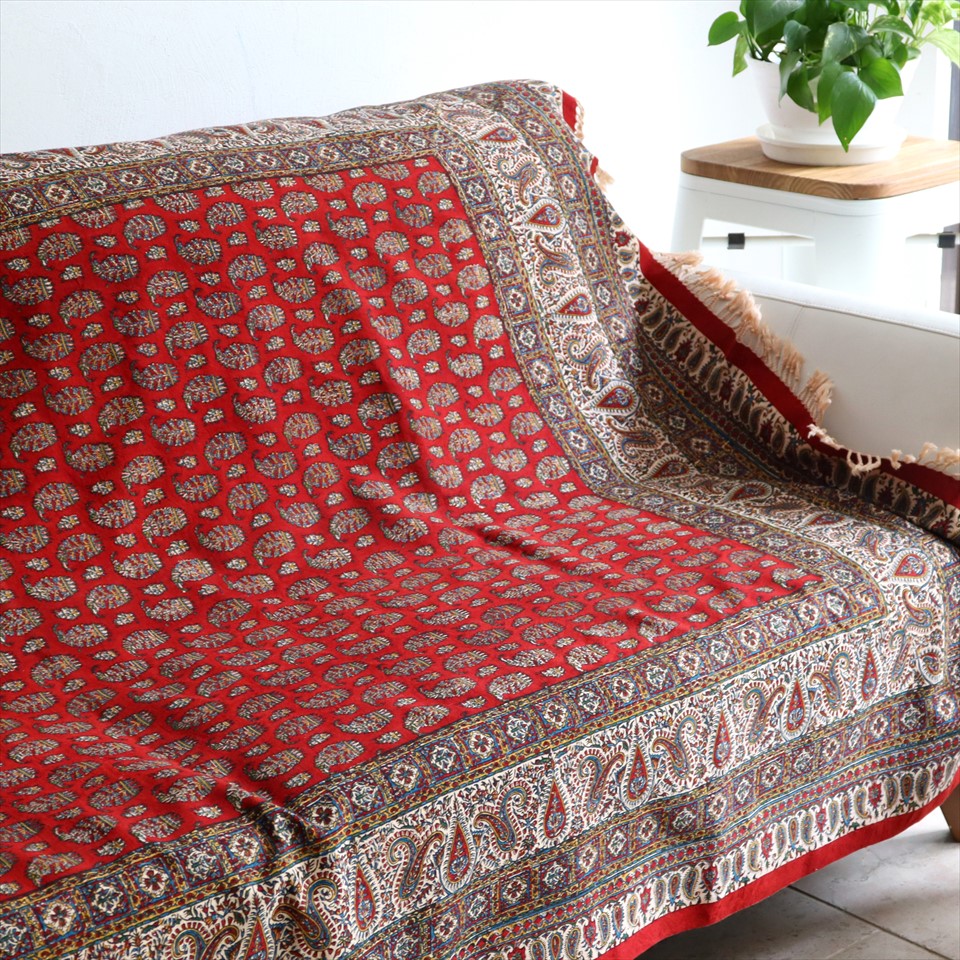 【15%OFF】ペルシャ更紗 イラン手染め布 194x131cm アンティークデザイン レッド テーブルクロス ソファカバー