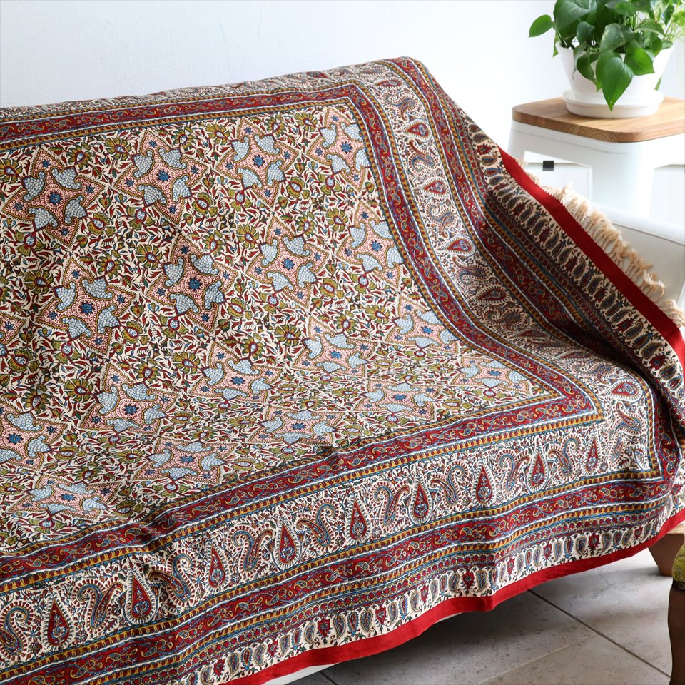 【15%OFF】ペルシャ更紗 イラン手染め布 196x132cm アンティークデザイン  テーブルクロス ソファカバー