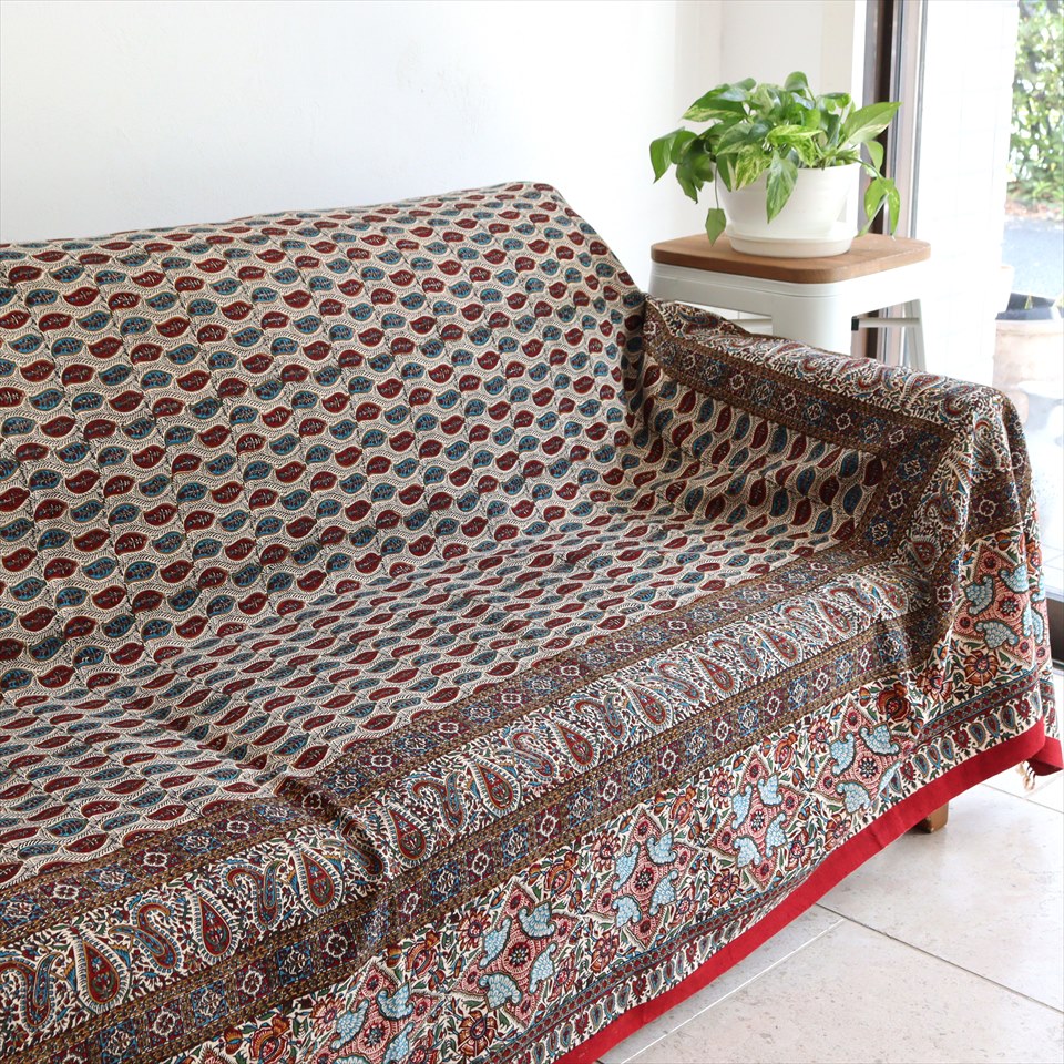 ペルシャ更紗 イラン手染め布 280×207cm アンティークデザイン ペイズリー ソファーカバー ベッドカバー