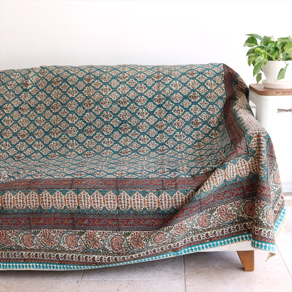 ペルシャ更紗 イラン手染め布 265×206cm アンティークデザイン ペイズリー ソファーカバー ベッドカバー