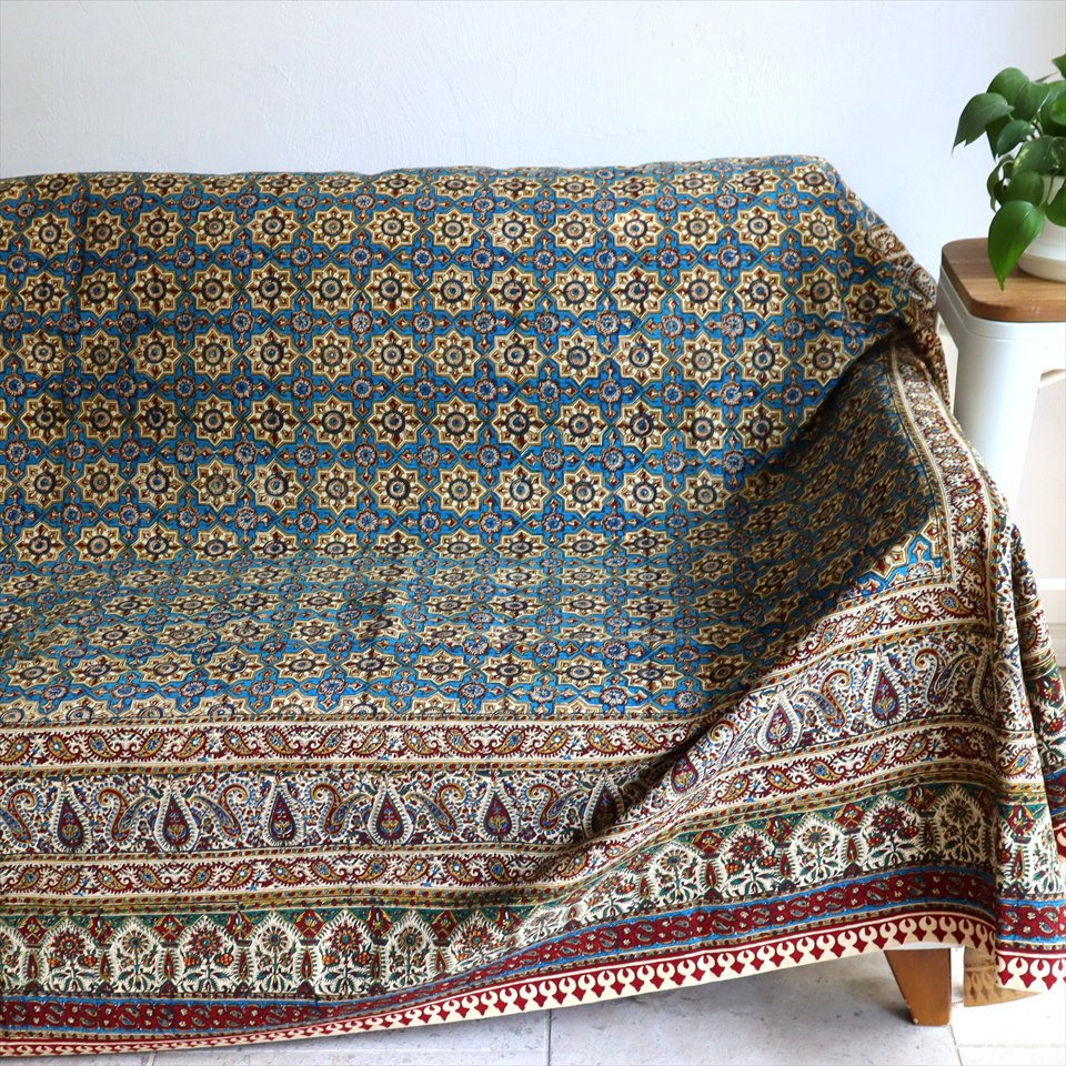 ペルシャ更紗 イラン手染め布 274x204cm アンティークデザイン ソファーカバー ベッドカバー