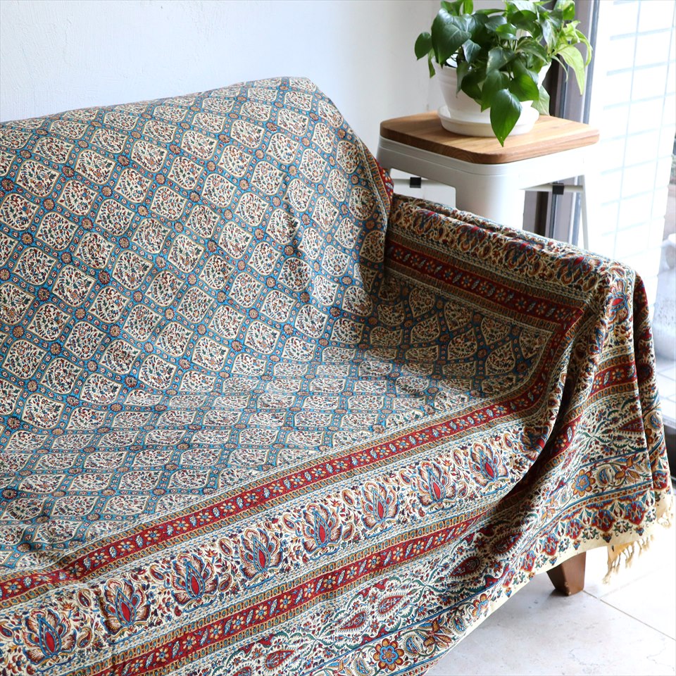 ペルシャ更紗 イラン手染め布 271x208cm アンティークデザイン トレリス ソファーカバー ベッドカバー
