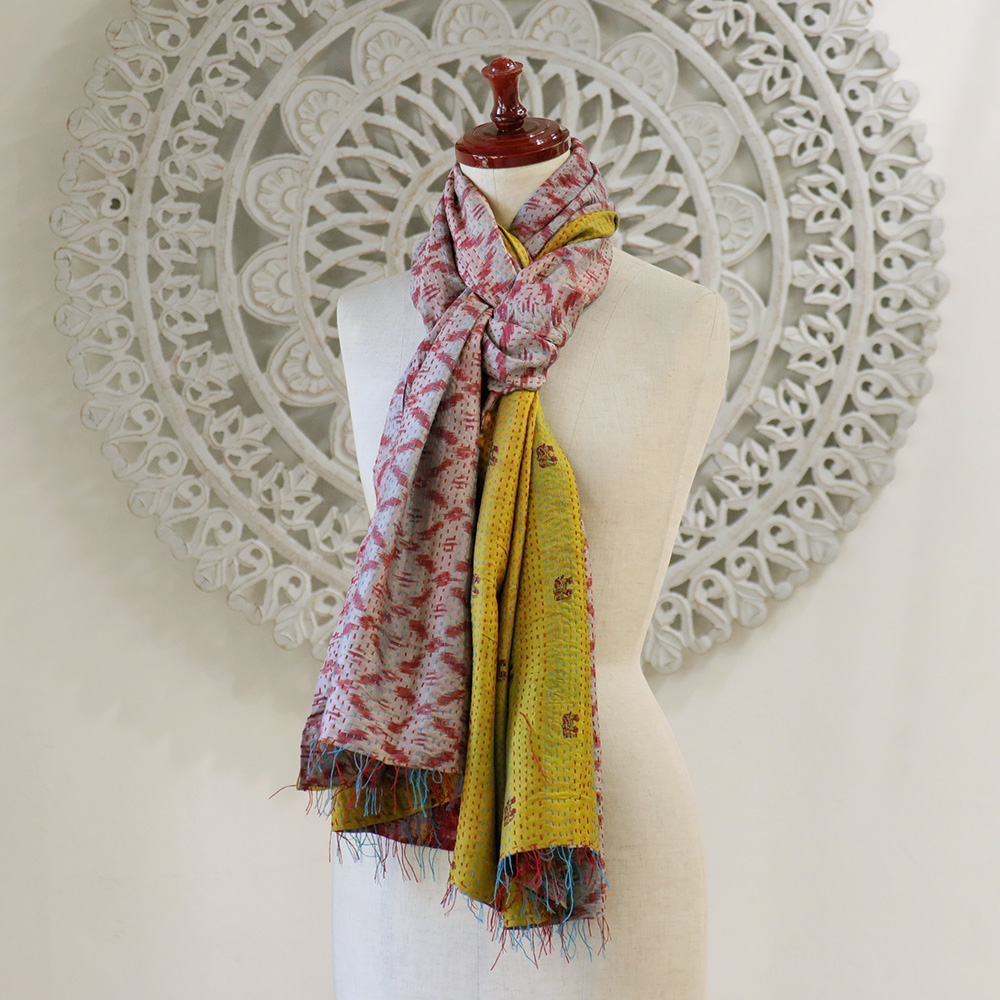 インドの古布・カンタ刺繍・シルクストール Kantha embroidery, India 206×90cm 刺し子