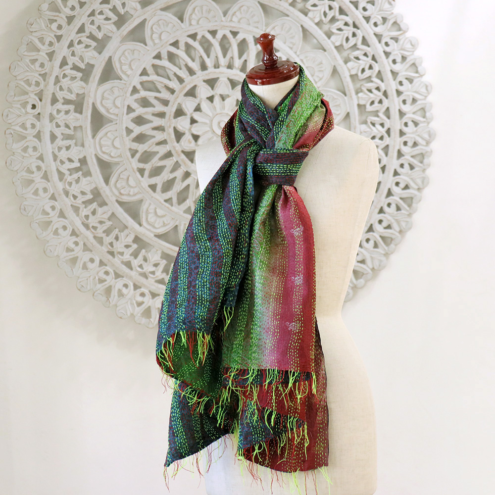 インドの古布・カンタ刺繍・シルクストール Kantha embroidery, India 213×91cm ローズピンク・グリーン