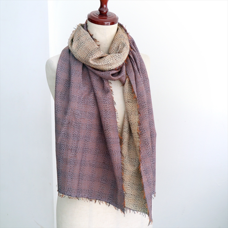 シルクストール 大判ストール 手刺繍 192×40cm カンタ刺繍 ダブルステッチ リバーシブル