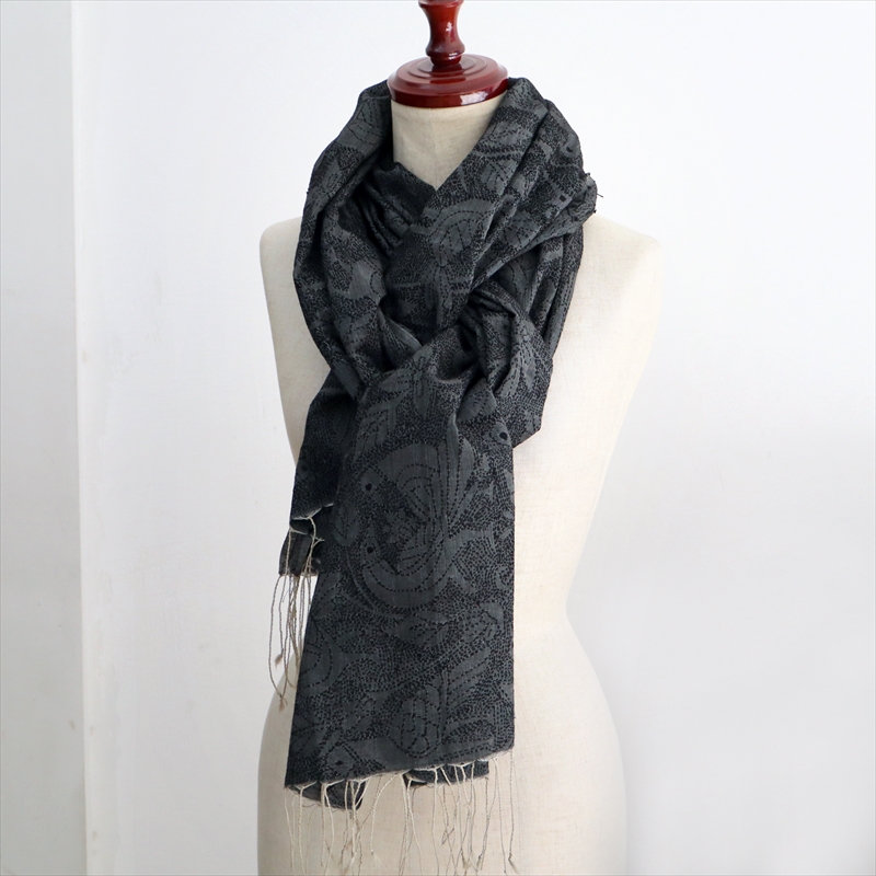 シルクストール 大判ストール 手刺繍 212×71cm カンタ刺繍 ブラック