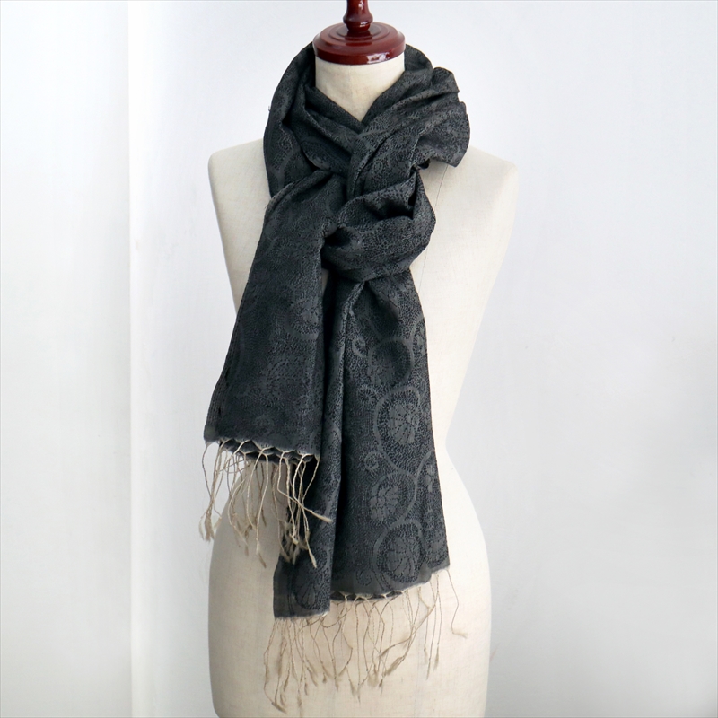 シルクストール 大判ストール 手刺繍 214×71cm カンタ刺繍 ブラック