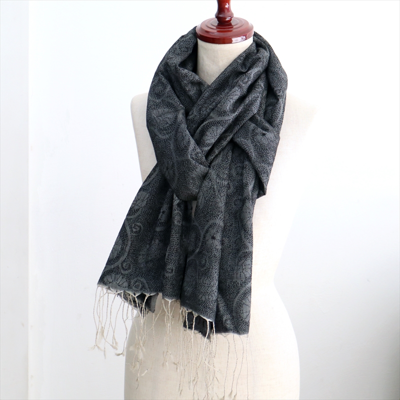 シルクストール 大判ストール 手刺繍 214×72cm カンタ刺繍 ブラック