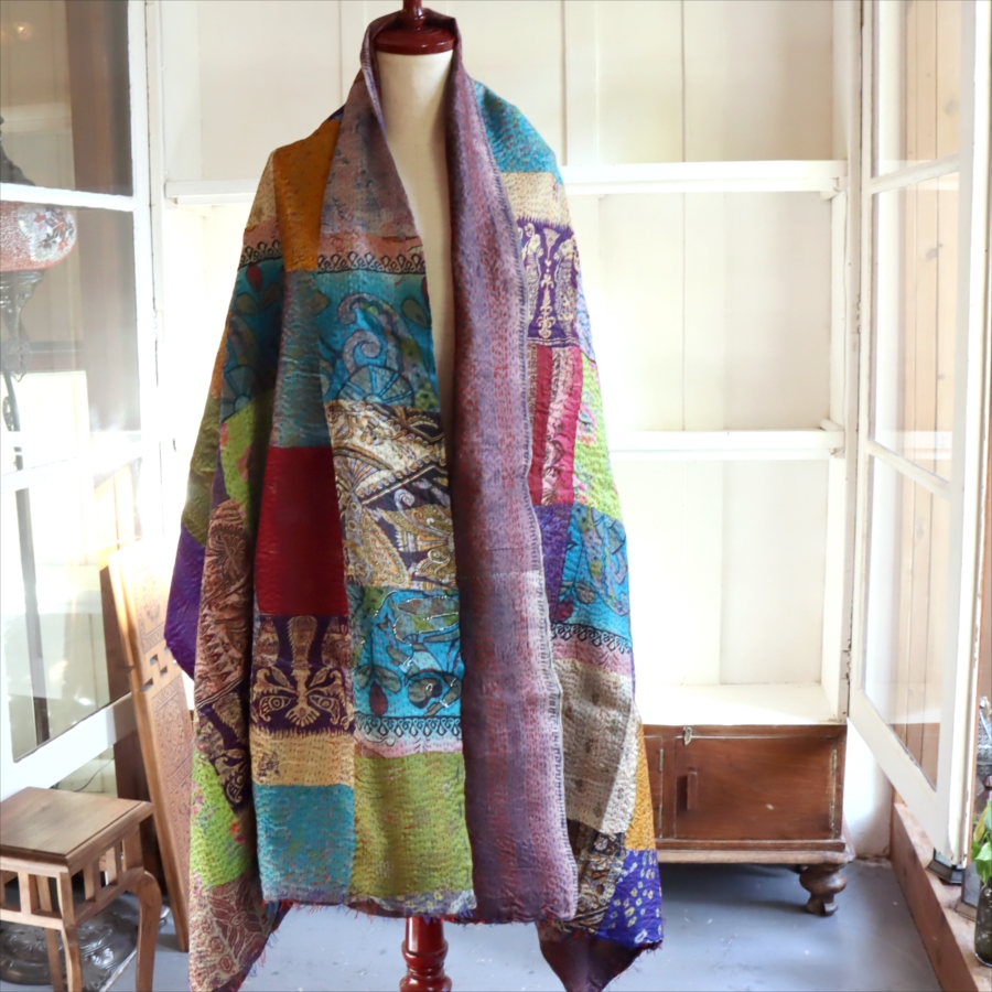カンタ刺繍　シルクストール 大判204×88cm モザイク パッチワーク 【一点もの　現品】 Kantha embroidery, India