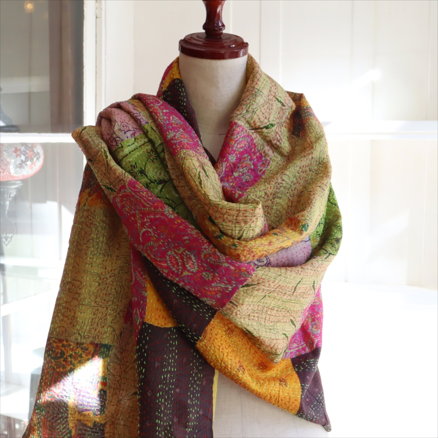 カンタ刺繍　シルクストール 大判208×93cm モザイク パッチワーク 【一点もの　現品】 Kantha embroidery, India