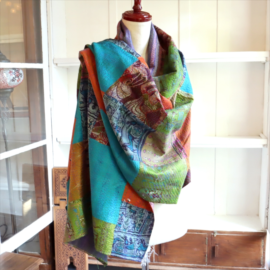 カンタ刺繍　シルクストール 大判224×89cm モザイク パッチワーク 【一点もの　現品】 Kantha embroidery, India