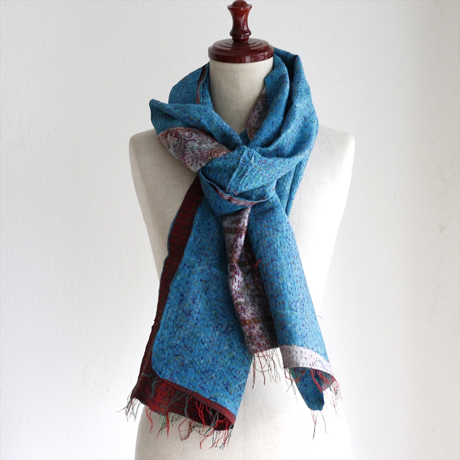 カンタ刺繍　シルクストール Kantha embroidery, India 196×50cm  【一点もの　現品】