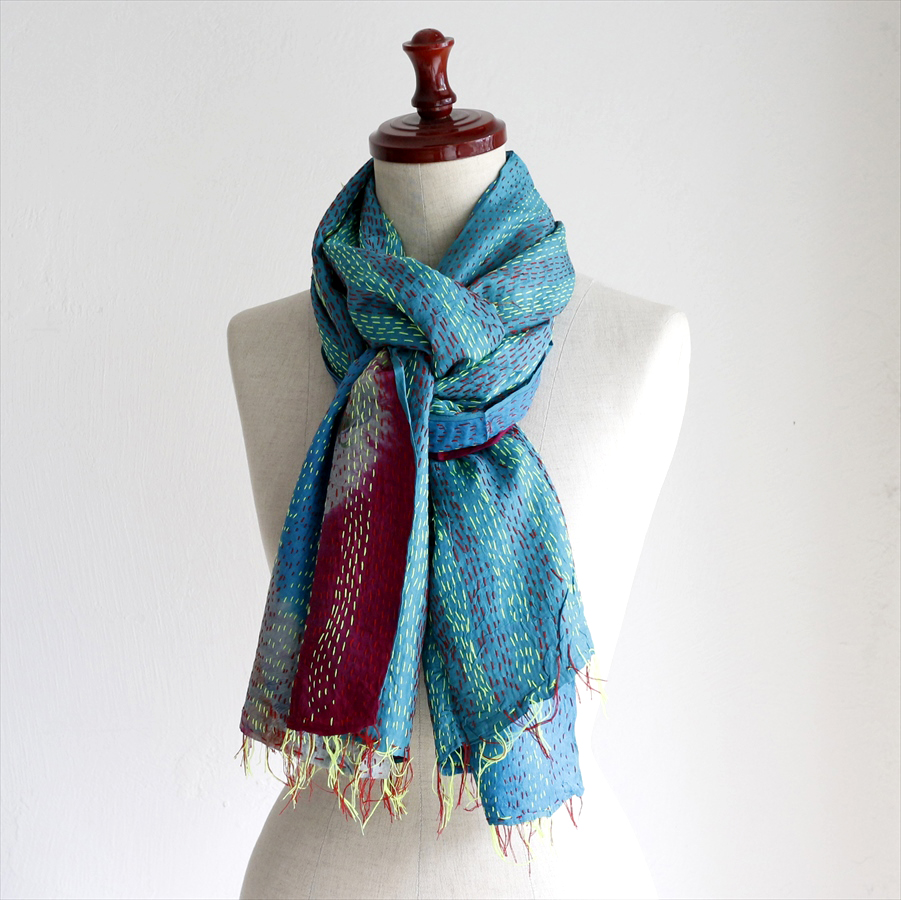 カンタ刺繍　シルクストール Kantha embroidery, India 172×47cm  【一点もの　現品】