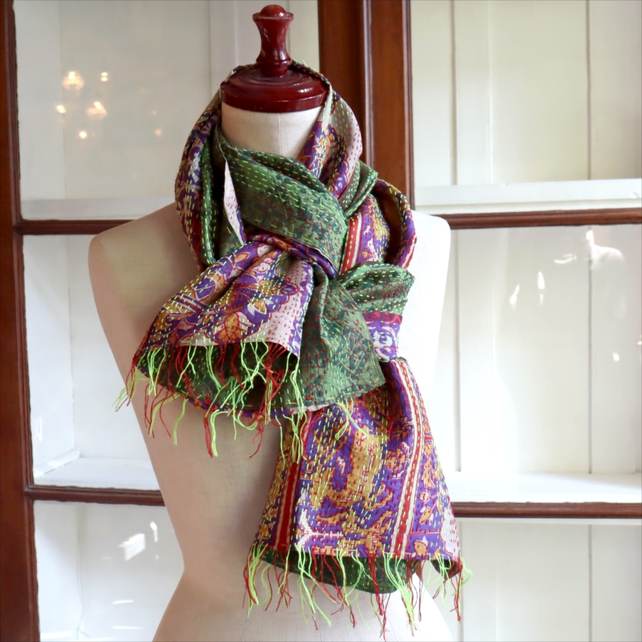 カンタ刺繍　シルクストール Kantha embroidery, India 171×44cm  【一点もの　現品】