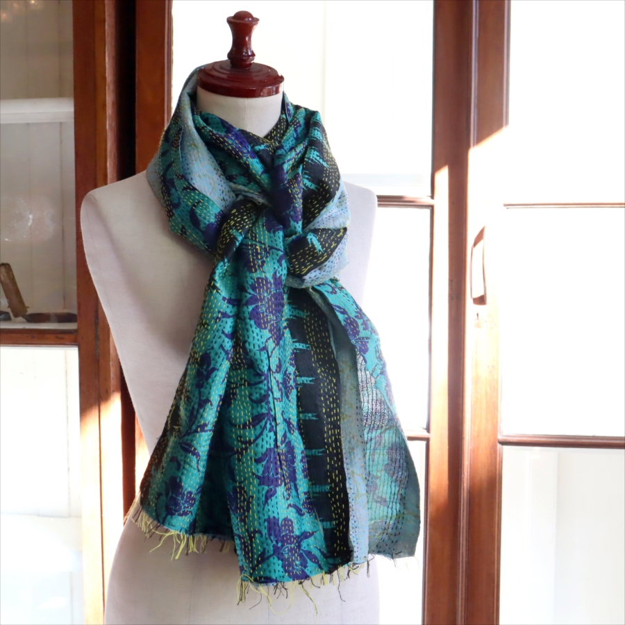 カンタ刺繍　シルクストール Kantha embroidery, India 202×46cm  【一点もの　現品】