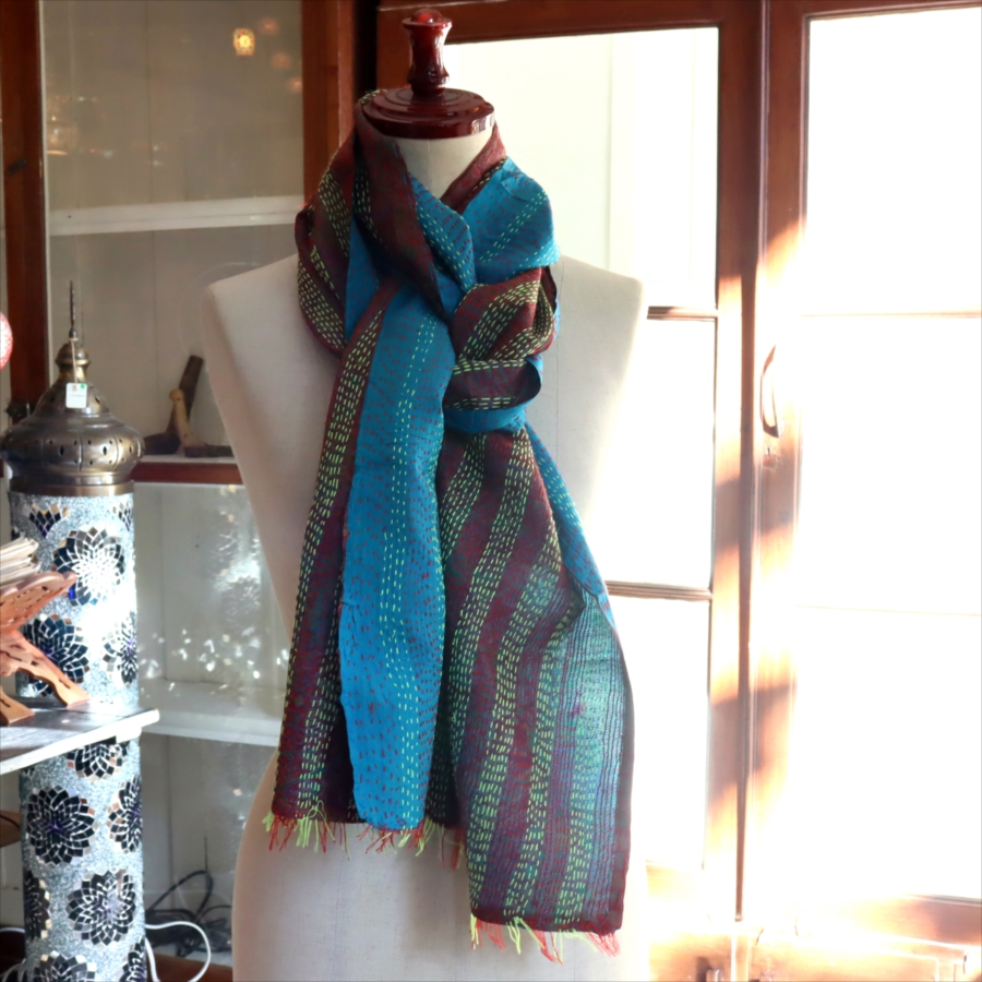 カンタ刺繍　シルクストール Kantha embroidery, India 195×40cm  【一点もの　現品】