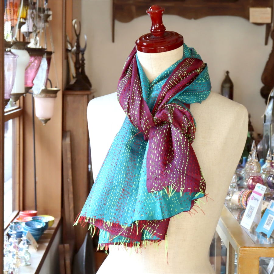 カンタ刺繍　シルクストール Kantha embroidery, India 176×48cm  【一点もの　現品】