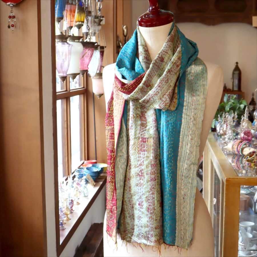 カンタ刺繍　シルクストール Kantha embroidery, India 194×52cm  【一点もの　現品】