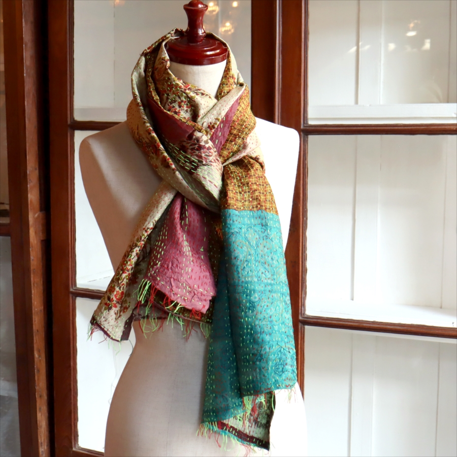 カンタ刺繍　シルクストール Kantha embroidery, India 206×49cm  【一点もの　現品】