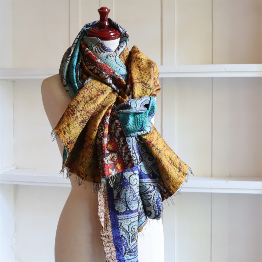 カンタ刺繍　シルクストール Kantha embroidery, India 217×96cm  【一点もの　現品】大判サイズ　幅広