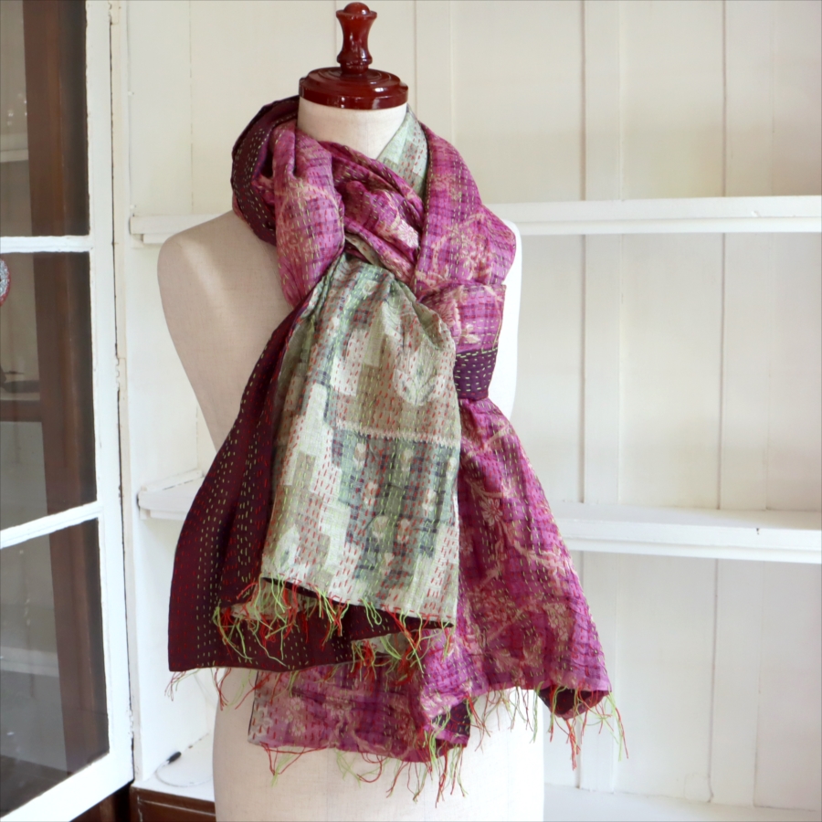 カンタ刺繍 シルクストール インド リサイクルサリー 217×86cm  【一点もの　現品】　大判ストール