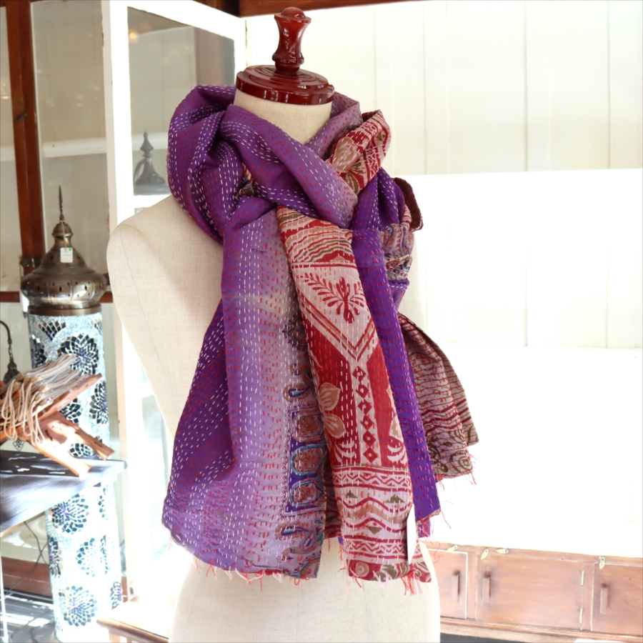 カンタ刺繍 シルクストール インド リサイクルサリー 202×85cm  【一点もの　現品】　大判ストール