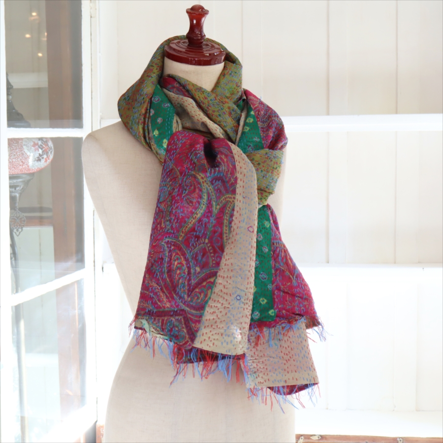 カンタ刺繍 シルクストール インド リサイクルサリー 214×86cm  【一点もの　現品】　大判ストール