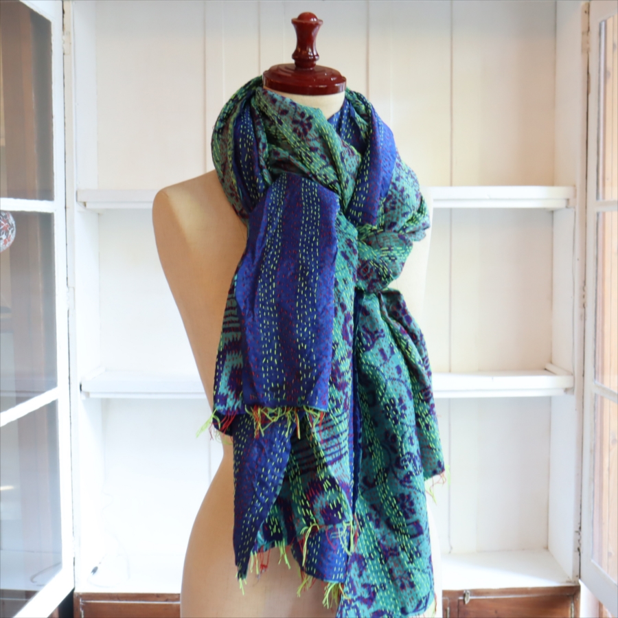 カンタ刺繍 シルクストール インド リサイクルサリー 215×88cm  【一点もの　現品】　大判ストール