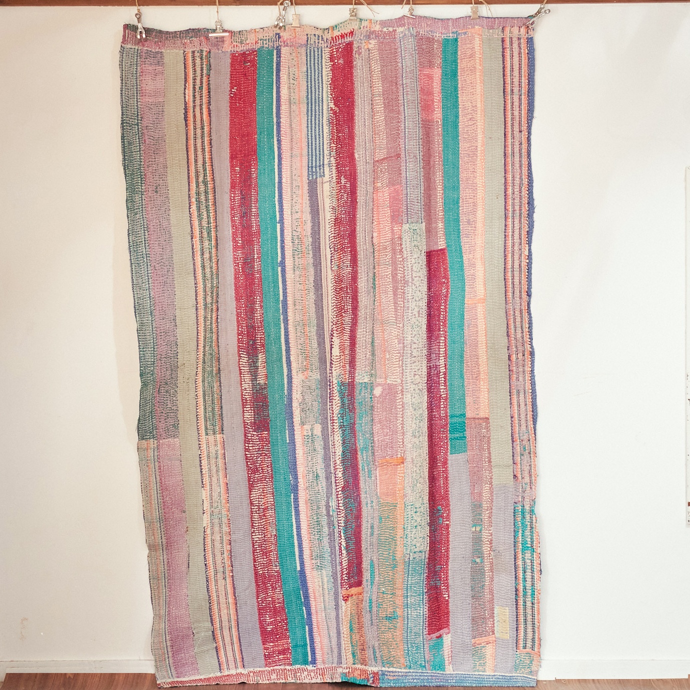 インド　カンタ刺繍 パッチワーク ラリーキルト ヴィンテージ220×143cm Kantha embroidery  India