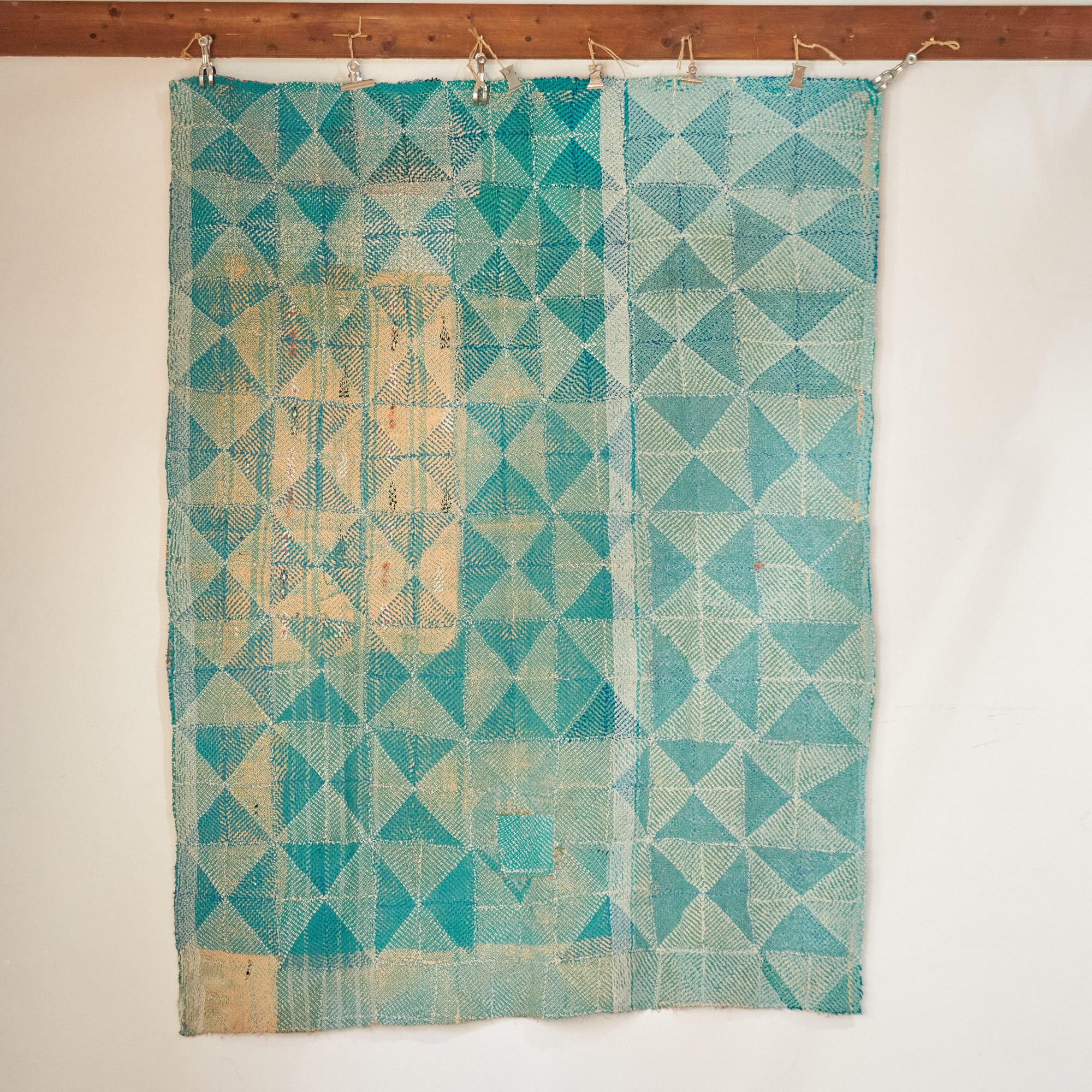 インド　カンタ刺繍 パッチワーク ラリーキルト ヴィンテージ174×145cm Kantha embroidery  India グリーン　タイル