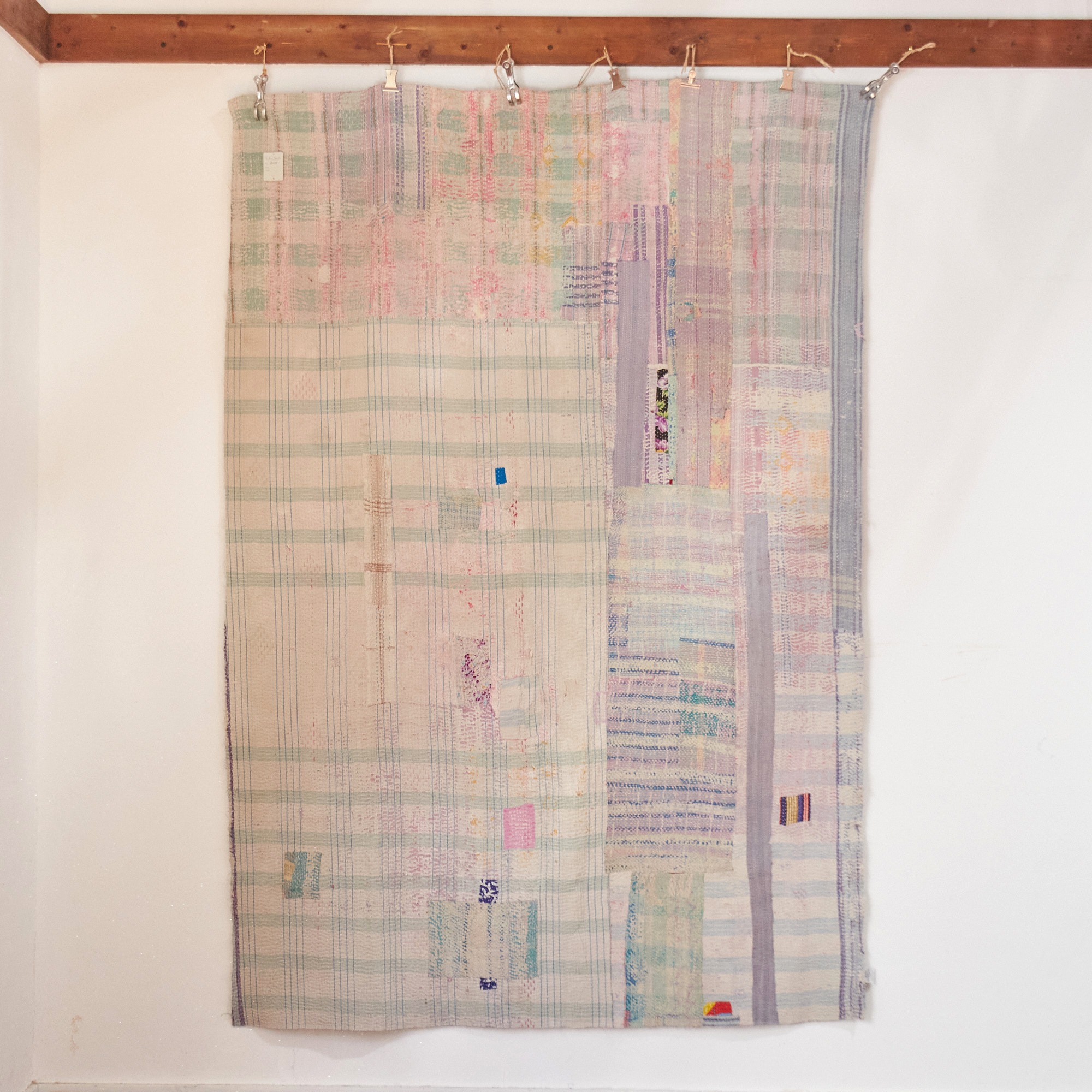 インド　カンタ刺繍 パッチワーク ラリーキルト ヴィンテージ199×138cm Kantha embroidery  India