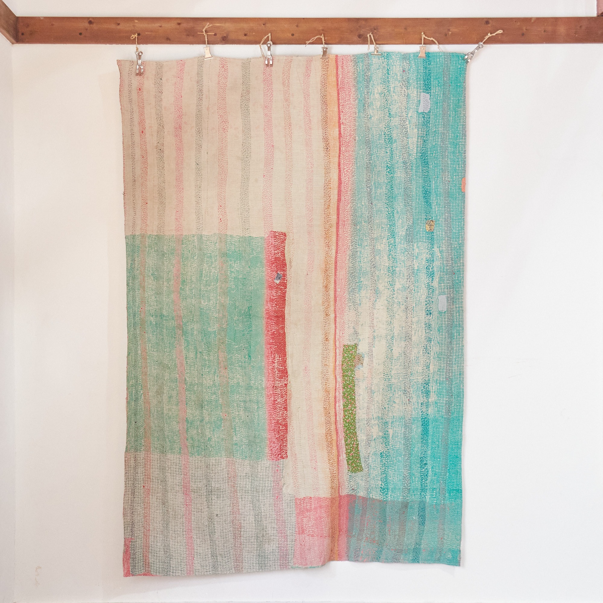 インド　カンタ刺繍 パッチワーク ラリーキルト ヴィンテージ199×136cm Kantha embroidery  India