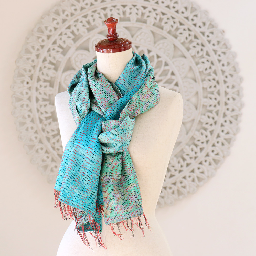 インドの古布・カンタ刺繍・シルクストール Kantha embroidery, India 170×43cm ターコイズブルー